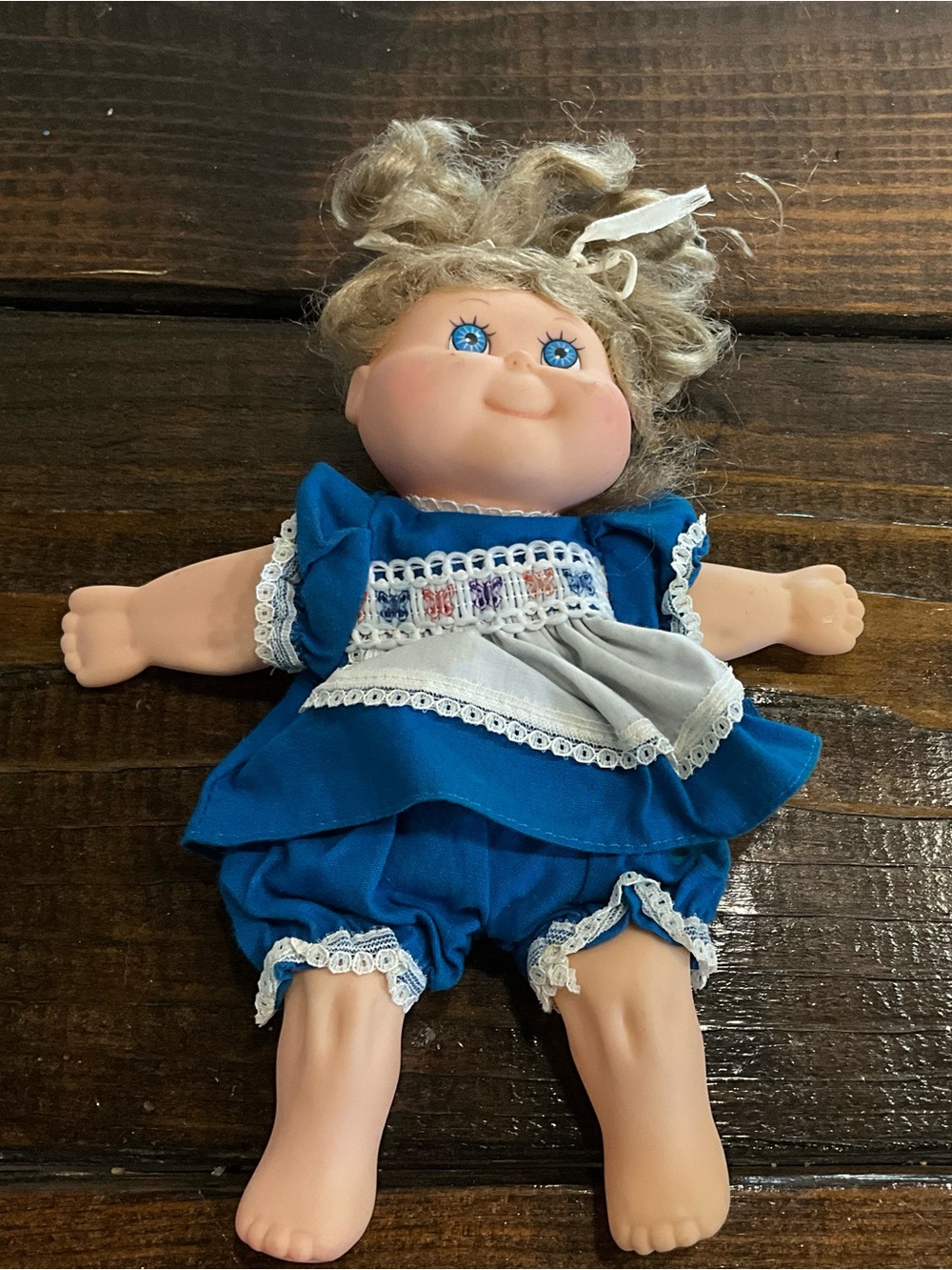 Vintage 1984 Eugene Doll Co Girl Doll in Blue Dress Pony Tails Blonde Hair